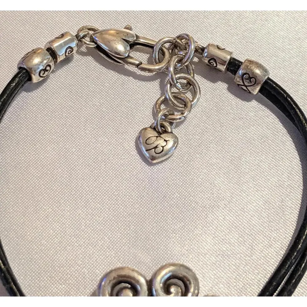 Brighton Alcazar Heart Bracelet Silver Plated Clear Crystals Black Leather 7-8
